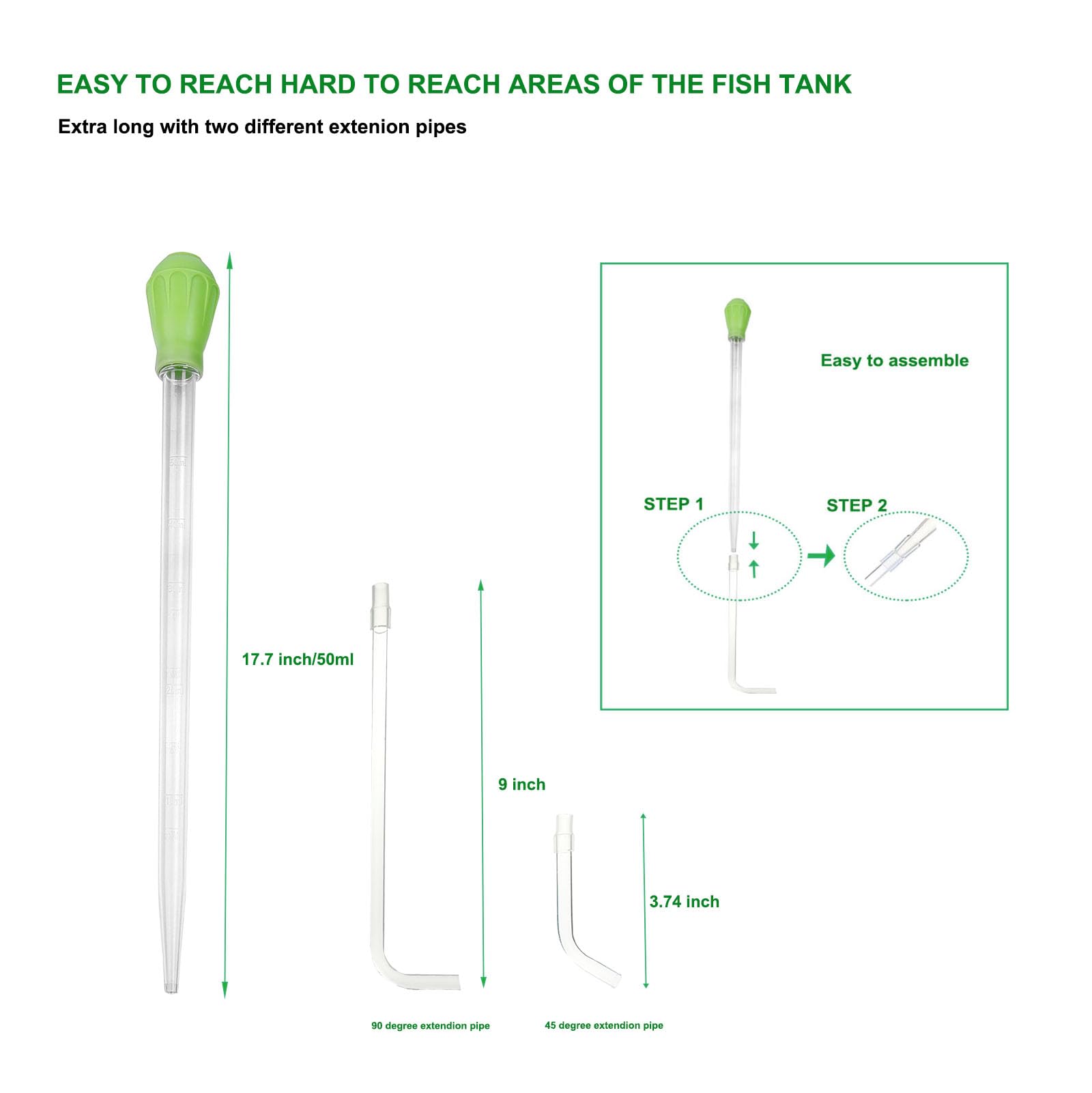 50ml Manual Coral Fish Feeder/Water Changer/Waste Remover with 2pcs Extension Pipes, Fecsam 17.7inch Aquarium Clean Tool for Fish Tank Cleaning, Aquatic Pipette Dropper, Gravel Cleaner Siphon