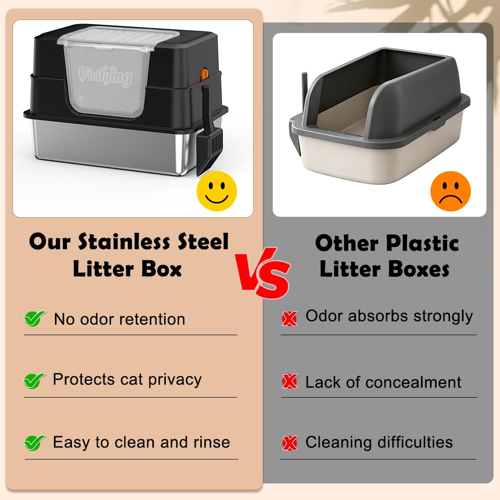 Vivifying XL Stainless Steel Cat Litter Box with Lid, Side Entry, Black