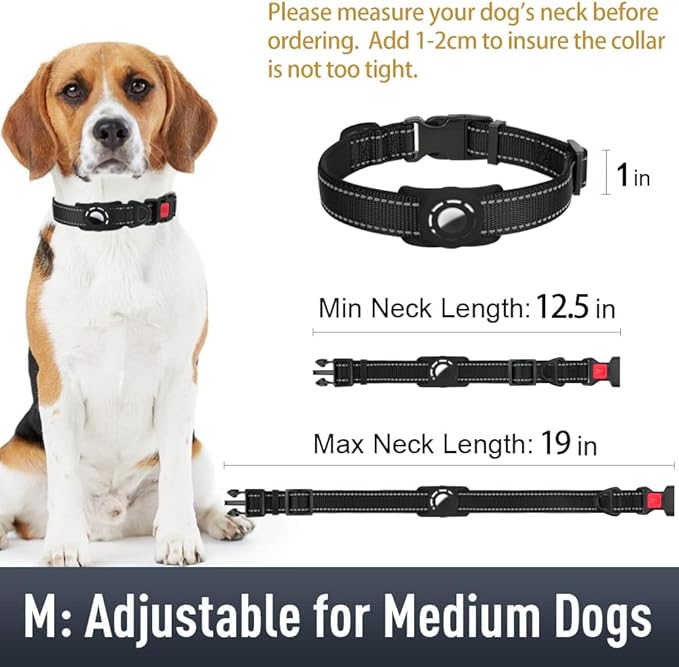Erbine AirTag Dog Collar with AirTag Holder Compatible for Air Tag, Reflective Soft Padded, Safety Locking Buckle, Adjustable Nylon for Small Medium Large Dogs (Black,M)