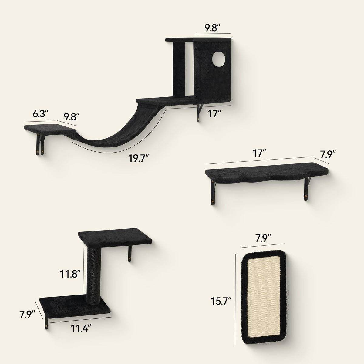 6‑in‑1 Cat Wall Shelves, Wall Mounted Cat Furniture Set with Scratching Posts, Cat Bed & Bridge, Space Saving Cat Climbing Perch for Kittens & Cats Up to 22 Lbs, Black