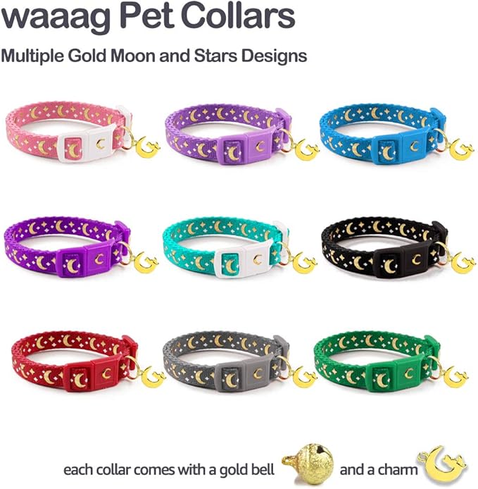 waaag Cat Collars, Gold Moons and Stars Cat Collar, Safety Breakaway Cat Collar, Glow in The Dark (Standard 9"-15" Neck, Emerald)