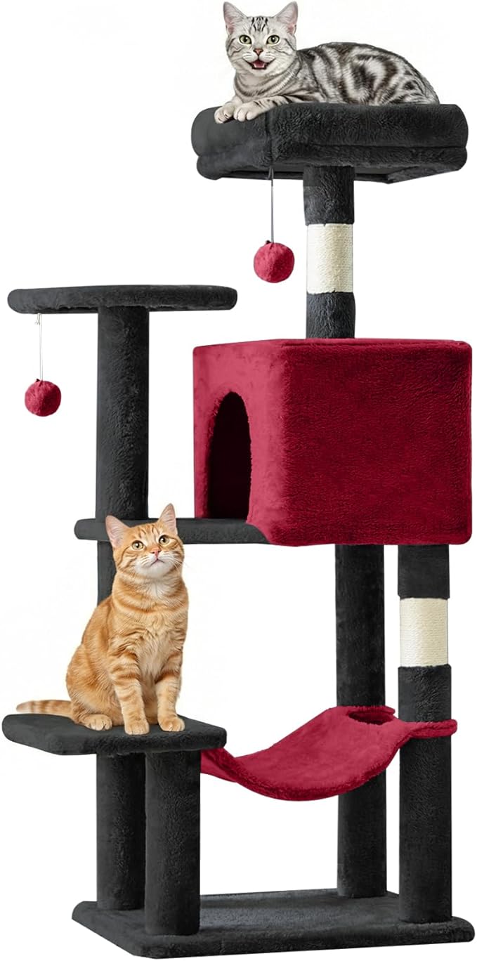 DUMOS 54-inch Indoor Cat Tree Tower –Multi-Level Pet House for Large Cats with 2 Condos, Scratching Posts, Round Platform, Small Ladder, and Toys – Perfect for Cats of All Ages, Dark Grey