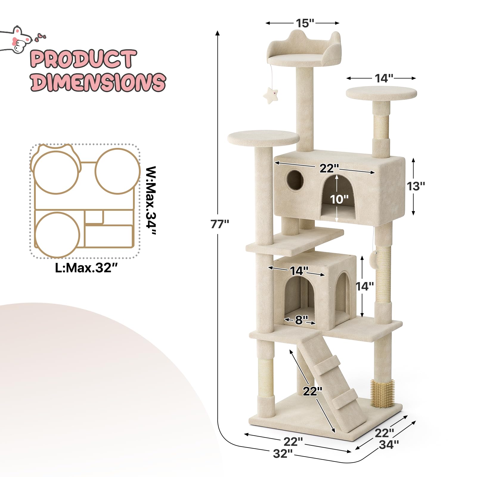 MoNiBloom 77 Inch Cat Tree Tower for Indoor Cats Large Adults, Tall Cat Tower with Scratching Post, Multi-Level Furniture Activity Center with Cat Condo Pet Play House, Beige