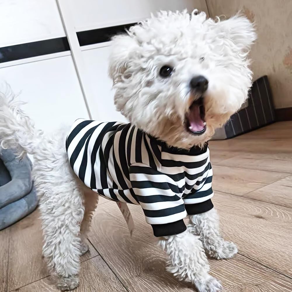 Anelekor Autumn Dog Hoodies with Leash Ring Warm Striped Puppy Shirt for Small Dog Girl Boy Cat Sweater Winter Pet Clothes Pomeranian Chihuahua Cold Weather Coat (Medium, Black)