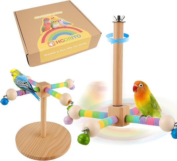 HOORITO Bird Perch Toy,360°Interactive Rotating Bird Perches for Cage,2-in-1 Wooden Stand Can be Used Inside&Outside Cage,Parrot Toys for Parakeets Lovebirds Conures Budgies Cockatiels