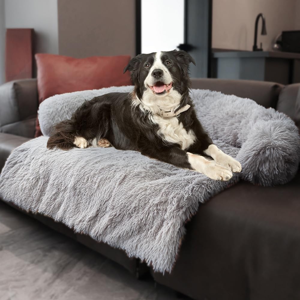 Tinaco Calming Dogs/Cats Bed Mats, Dog Pad Washable Removable Couch Cover, Plush Long Fur Mat for Pets, Waterproof Lining, Perfect for Small, Medium and Large Dogs and Cats (Light Gray, 53"x39")