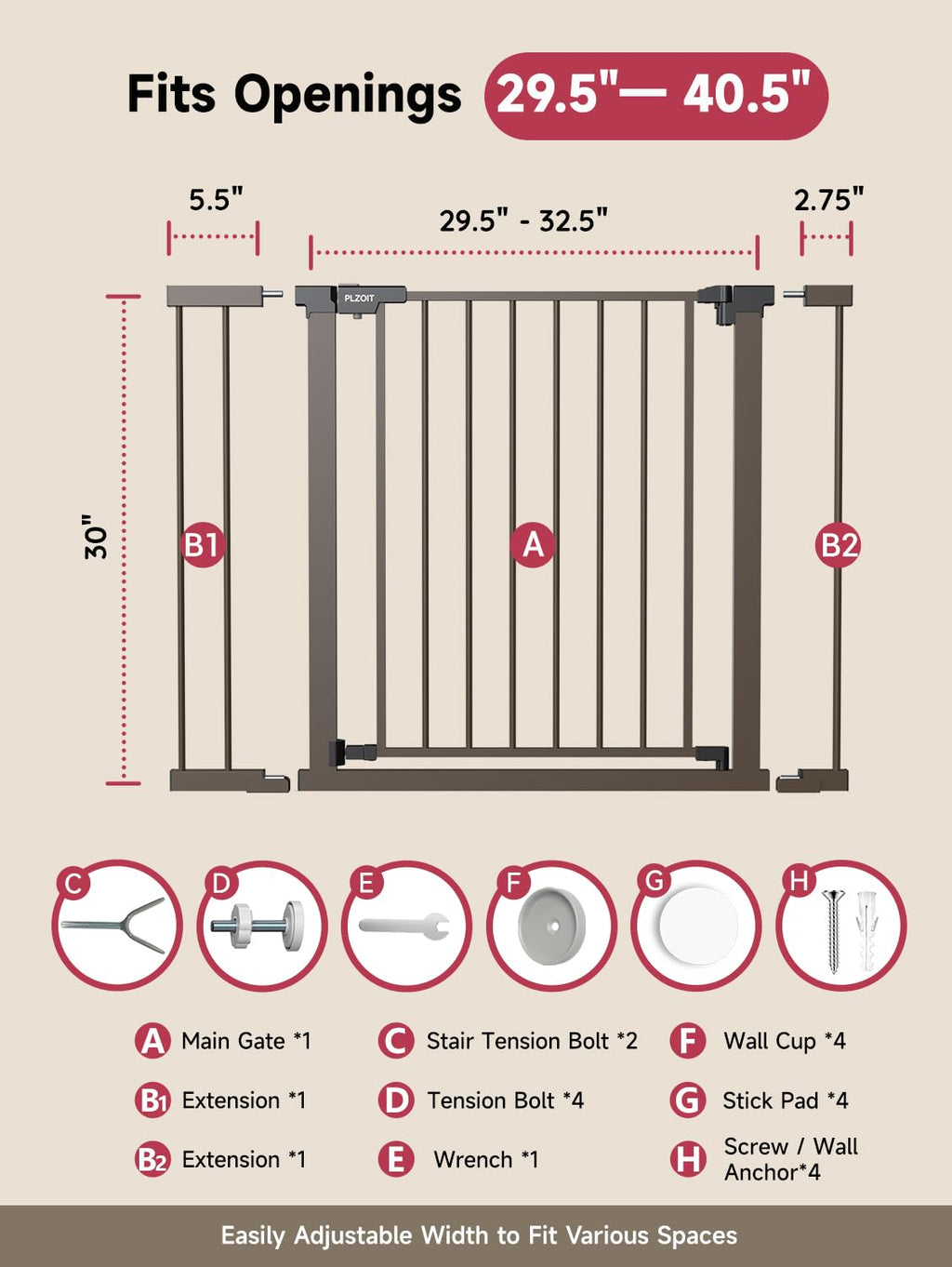29.5-40.5" Baby Gate for Stairs, Dog Gate for Doorways, Walk Thru Auto Close Metal Baby Safety Gate for The House, Stairs and Doorways, Child Gate Pressure Mounted, Pet Gate for Dog Indoor - Brown