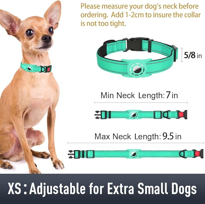 Erbine AirTag Dog Collar with AirTag Holder Compatible for Air Tag, Reflective Soft Padded, Safety Locking Buckle, Adjustable Nylon for Small Medium Large Dogs (Teal,XS)