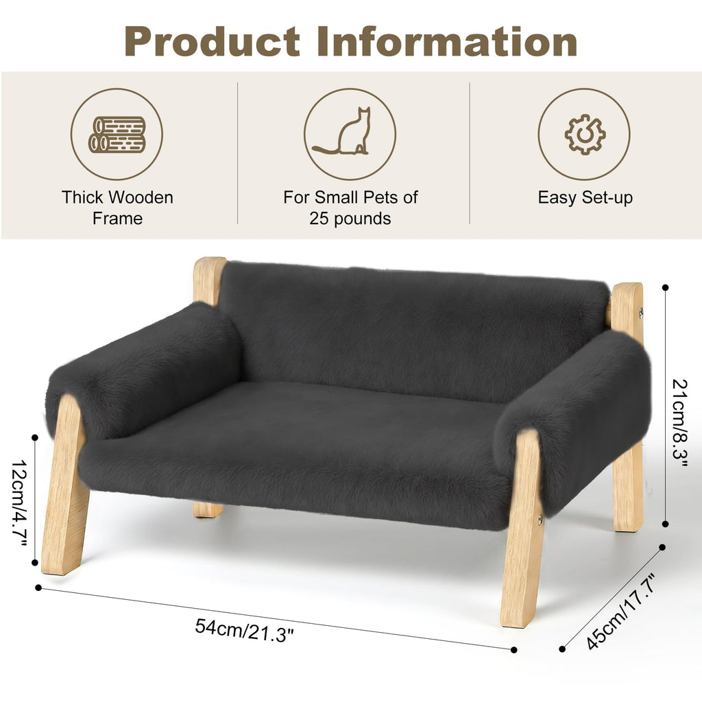 FAMIDGE Elevated Cat Couch Bed for Indoor Cats - Wooden Pet Sofa with Removable Washable Thick Cover Raised Kitty Lounge Chair Suitable for Puppy or Small Animals(Cat Sofa Grey)