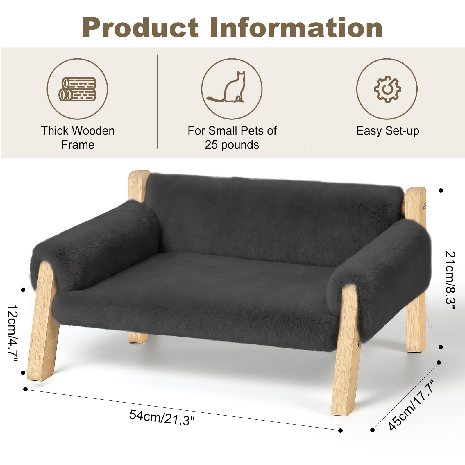FAMIDGE Elevated Cat Couch Bed for Indoor Cats - Wooden Pet Sofa with Removable Washable Thick Cover Raised Kitty Lounge Chair Suitable for Puppy or Small Animals(Cat Sofa Grey)