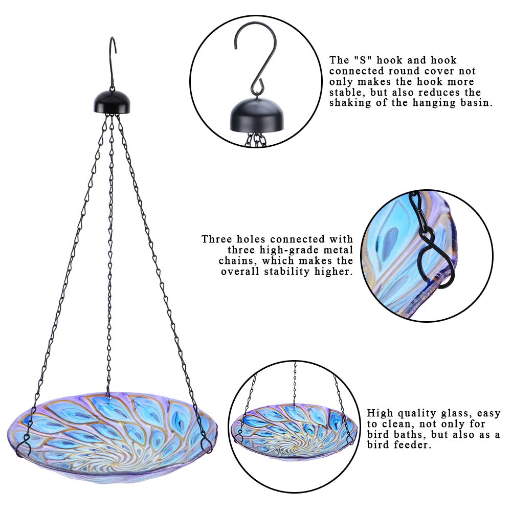 VCUTEKA Hanging Bird Baths Outdoor Glass Birdbath Feeder for Garden Decor