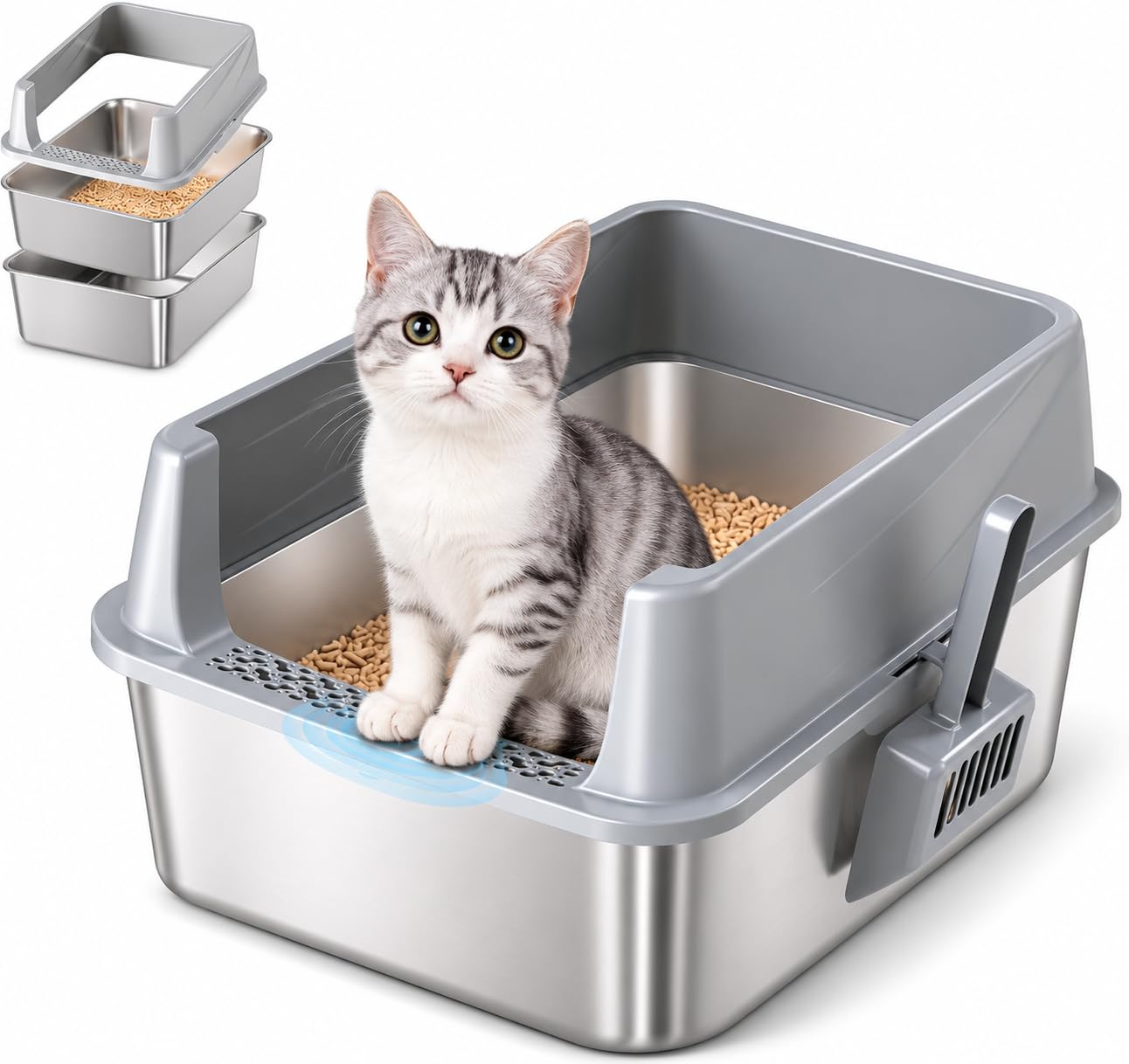 TIUUBT Stainless Steel Sifting Litter Box for Pine Pellets, Sifting Cat Litter Box with Sifter, High Side for Small Cats, Anti-Leakage, Odor Control, Includes Scooper, 17.7" x 13.8" x 11"