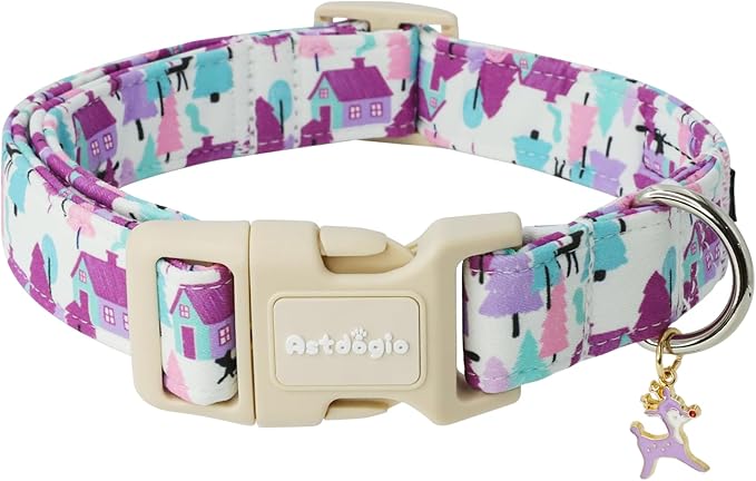 Astdogio Winter Wonderland Dog Collar for Small Dogs，Adjustable White Puppy Collar with Purple Pink Teal Pine Tree, Deer and Cabin Line Art, for Daily Walks, Photos & Seasonal Adventures - M