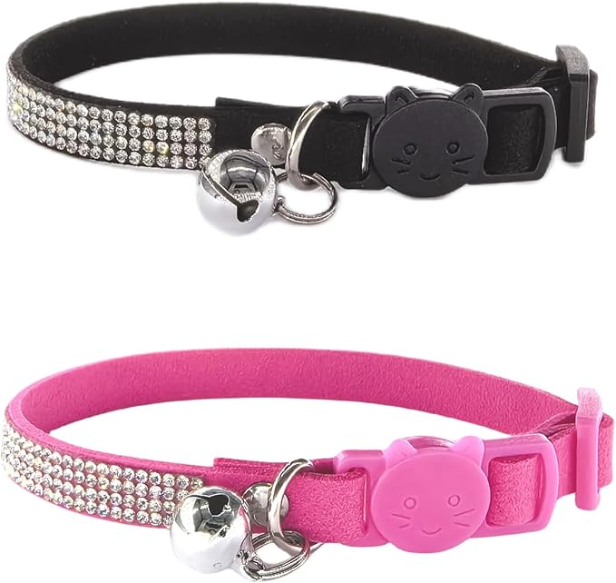 Rhinestone Cat Collar Breakaway Safety Buckle with Bell, Adjustable Diamond Girl Boy Kitty Cute Comfy Collar for Kitten Small Pets Rabbits, 7.5"-11" White