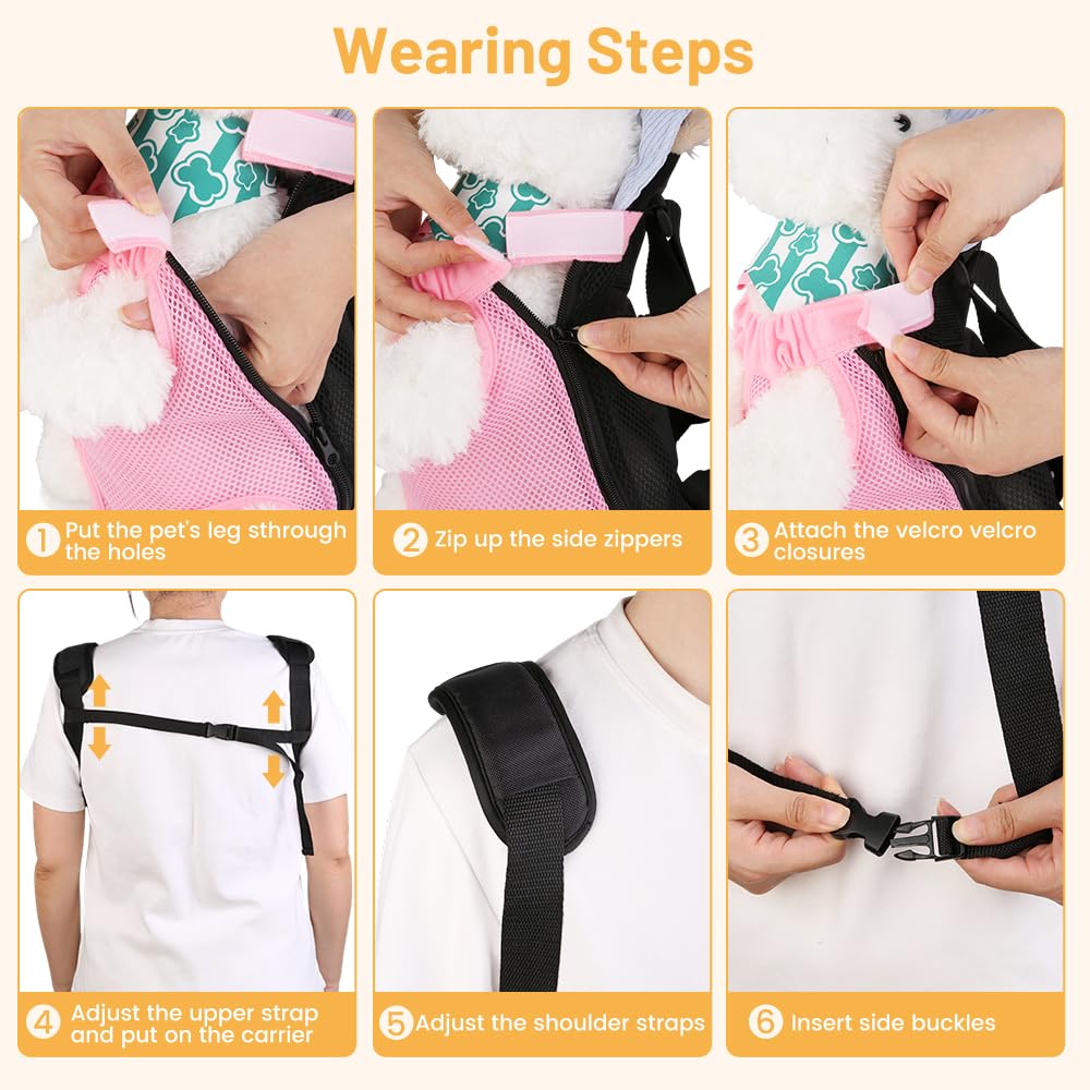 Inspack Dog Backpack Carrier/Cat Carrier, Adjustable Pet Front Carriers Travel Bag for Puppy Medium Dogs, Legs Out, Soft Ventilated Doggie Chest Carry Backpacks for Hiking/Camping, 7-11 lbs, Pink