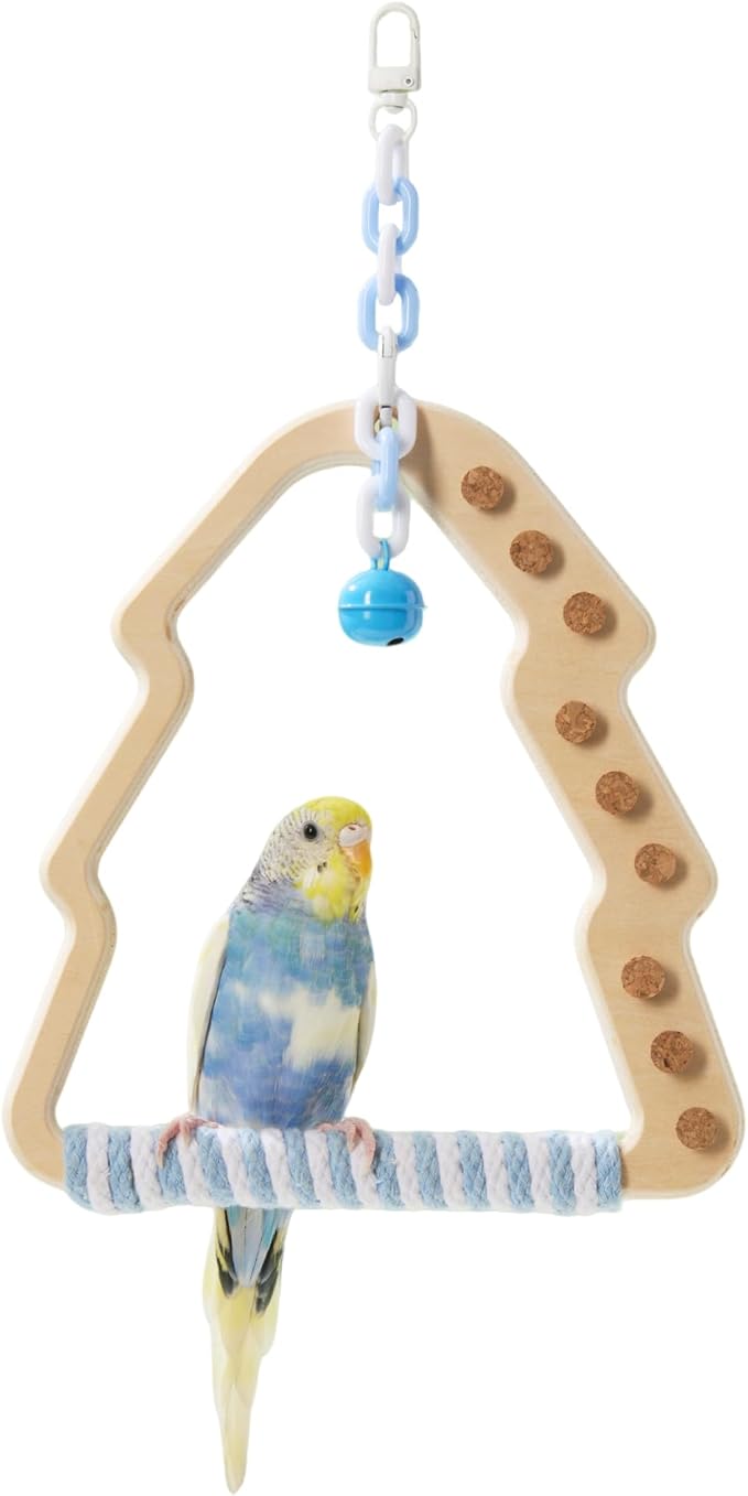Tafit Natural Bird Swing - Tree-Shaped Parrot Perch with Bell and Cork Toys, Spinning Wooden Stand for Parakeets, Budgies, Lovebirds and Small/Medium Birds (White + Green)