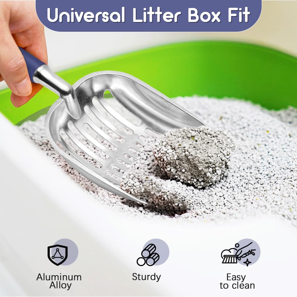 Cat Litter Scoop, Metal Cat Scooper, Plastic Handle Scoop, Sifting Shovel of Christmas– Heavy Duty Aluminum Alloy Litter Box Scoop with Deep Mesh, Design for Easy Waste Removal and Cleaning(Dark Blue)