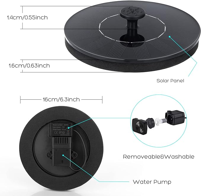 Mademax 1W Solar Bird Bath Fountain Pump, Solar Fountain, Free Standing Floating Solar Powered Water Fountain Pump for Bird Bath, Garden, Pond, Pool, Outdoor