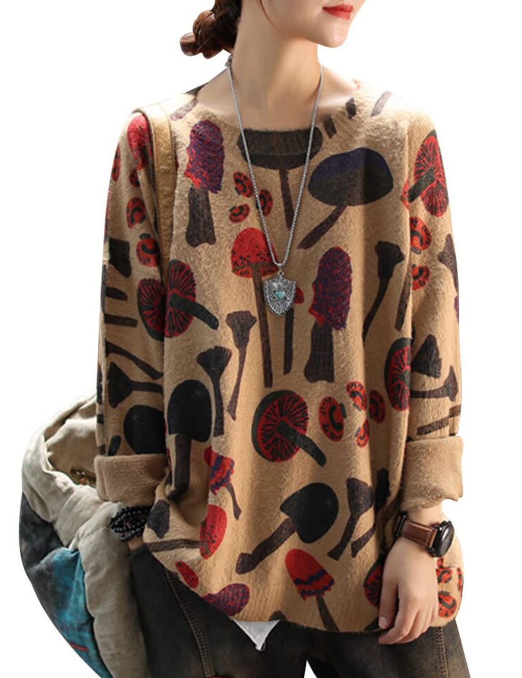 YESNO Women Sweater Graphic Oversized Pullover Sweaters Casual Loose Long Sleeve Knit Tops L S01 CR65