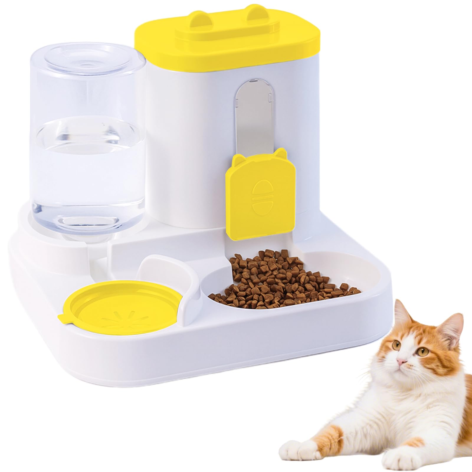 Gravity Cat Feeder and Water Dispenser, 2 in 1 Automatic Cat Feeder, 2 Pack Large Capacity Self Feeding for Small Medium Dog Puppy Kitten （Yellow）