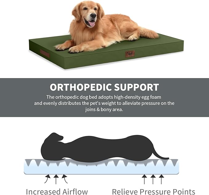 Outdoor Extra Large Dog Bed, Waterproof Dog Bed for Large Dogs, Egg Crate Foam XL Pet Bed with Removable Washable Oxford Cooling Cover, Amy Green