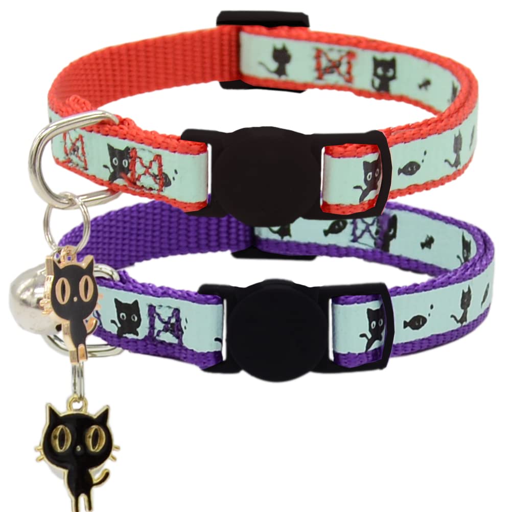 2 Pack Glow in The Dark Cat Collar with Bell Breakaway Safety Cat Puppy Collars with Pendant Black and Pink