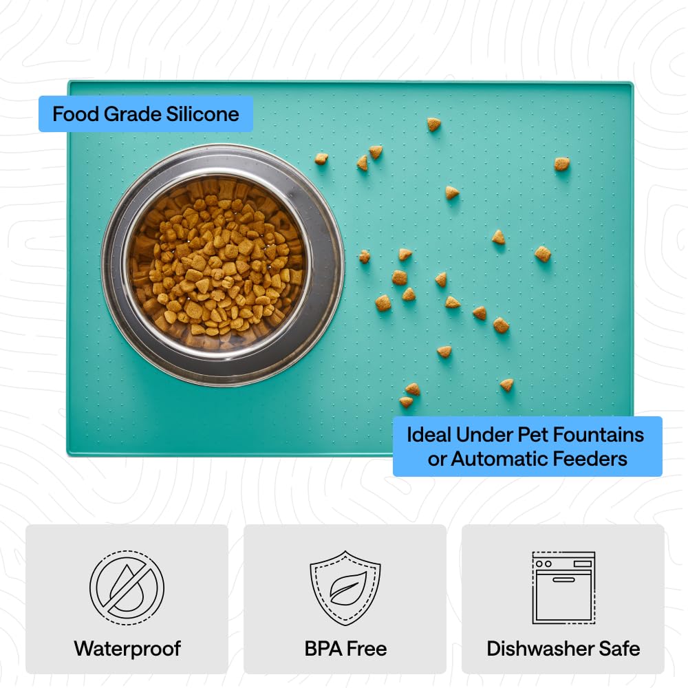 GORILLA GRIP 100% Waterproof Raised Edge BPA Free Silicone Pet Feeding Mat, Dog Cat Food Mats Contain Spills Protects Floors Placemats for Cats and Dogs Water Bowl Pets Accessories 18.5x11.5 Turquoise