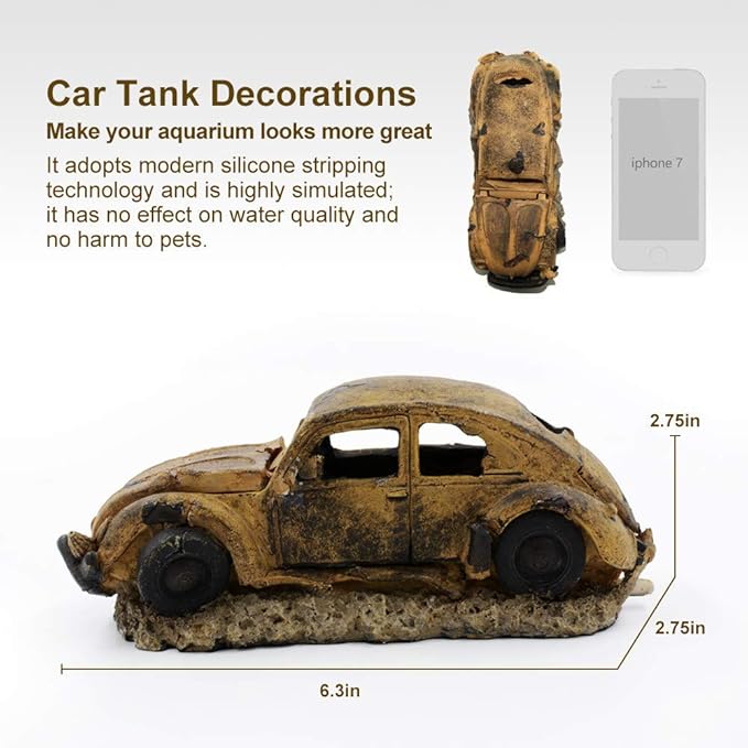 boxtech Aquarium Resin Ornament Decor, Imitation Car Wreck with Air Stone