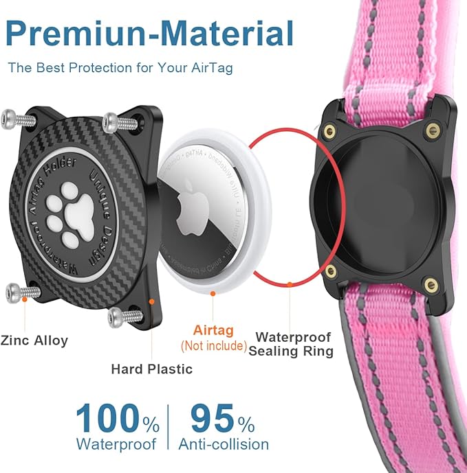 OKVSKO Airtag Dog Collar with Waterproof Air Tag Holder, Luminous Reflective, Soft Padded, Adjustable Nylon Pet Collar for Small Medium Large Heavy Duty Dogs,Pink, M