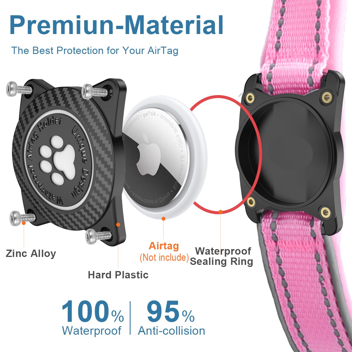 OKVSKO Airtag Dog Collar with Waterproof Air Tag Holder, Luminous Reflective, Soft Padded, Adjustable Nylon Pet Collar for Small Medium Large Heavy Duty Dogs,Pink, S