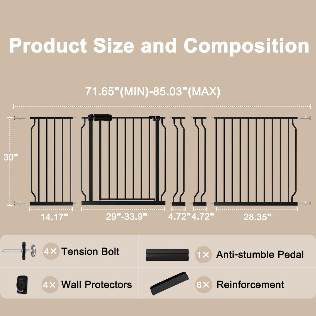 WAOWAO 71.65-85.03" Extra Wide Baby Gate Pressure Mounted 30" Tall Black