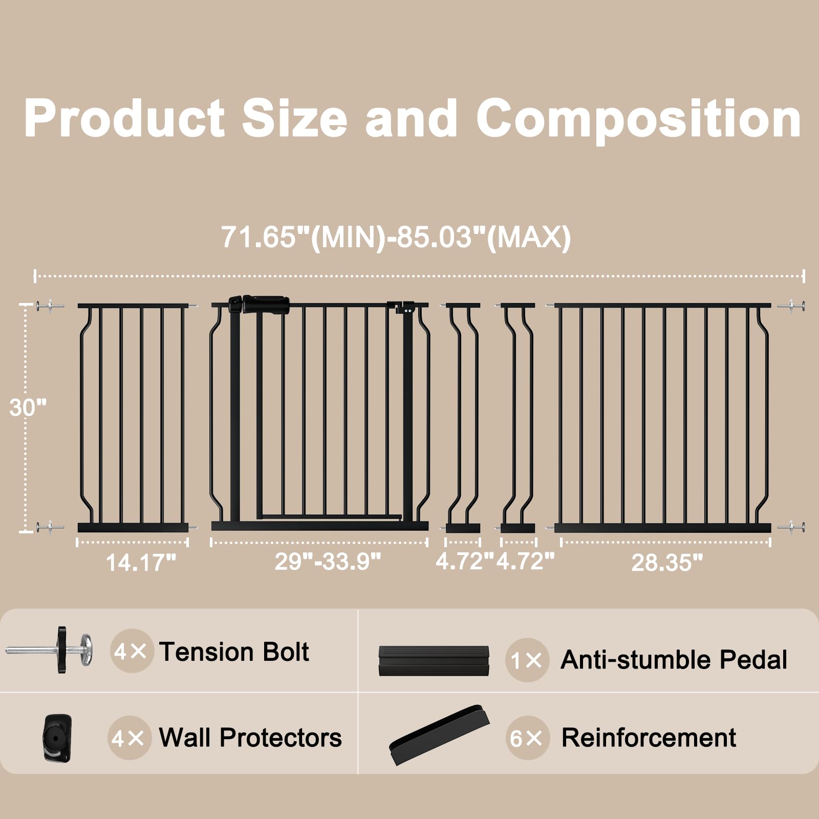 WAOWAO 71.65-85.03" Extra Wide Baby Gate Pressure Mounted 30" Tall Black