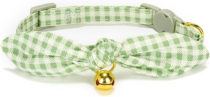 YUDOTE Bowtie Cat Collar with Bell, 2 Pack Cotton Breakaway Kitten Collars with Removeable Bow Stylish Cat Collars, Floral Green & Plaid