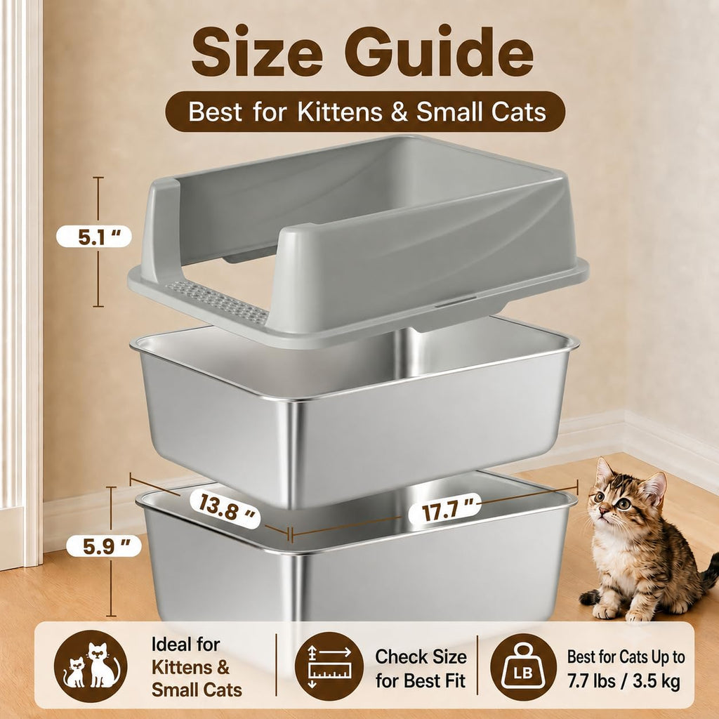 TIUUBT Stainless Steel Sifting Litter Box for Pine Pellets, Sifting Cat Litter Box with Sifter, High Side for Small Cats, Anti-Leakage, Odor Control, Includes Scooper, 17.7" x 13.8" x 11"