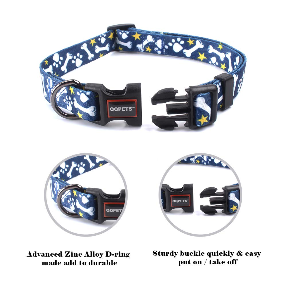 QQPETS Adjustable Soft Dog Collar: Print Flower Pink Multicolor Cute Patterns for XS Small Medium Large Pet Girl Boy Puppy Walking Running Training (L, Bone)