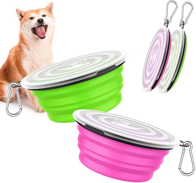 Pawaboo Collapsible Travel Dog Bowls 2 Pack with Lids&Carabiners Silicone