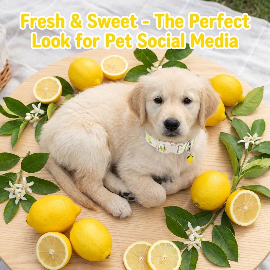Britwicfr Dog Collar, Spring Summer Dog Collar with Yellow Lemon and Cute Charm, Pet Collar with Quick Release Buckle and Durable Fabric, Suitable for Small Dogs