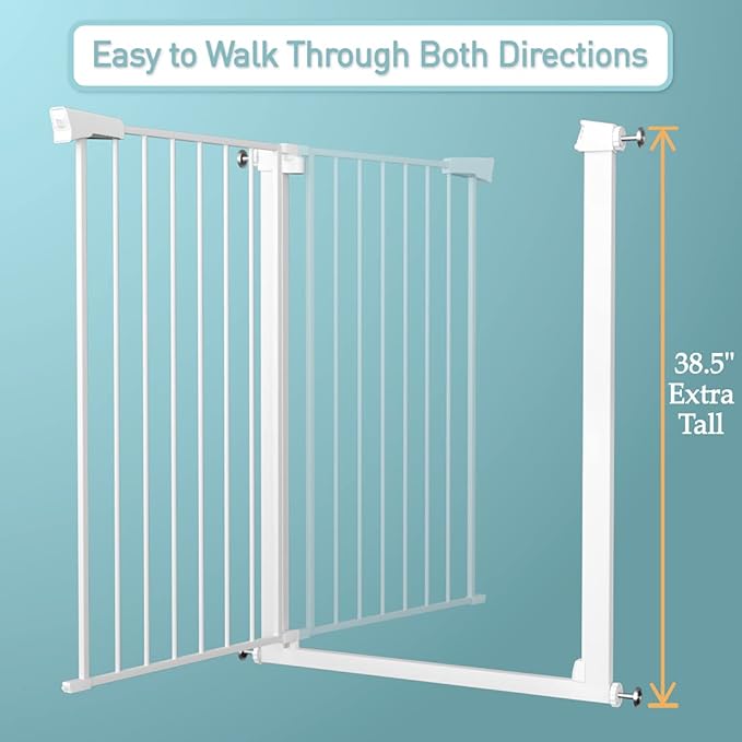 Fairy Baby 38" Extra Tall Pet Gate for Stairs,70.9"-76.3" Extra Wide Long Dog Gate for The House, Metal Auto Close Pressure Mounted Safety Child Gate, Tension Baby Gate Fence Barrier No Climb, White