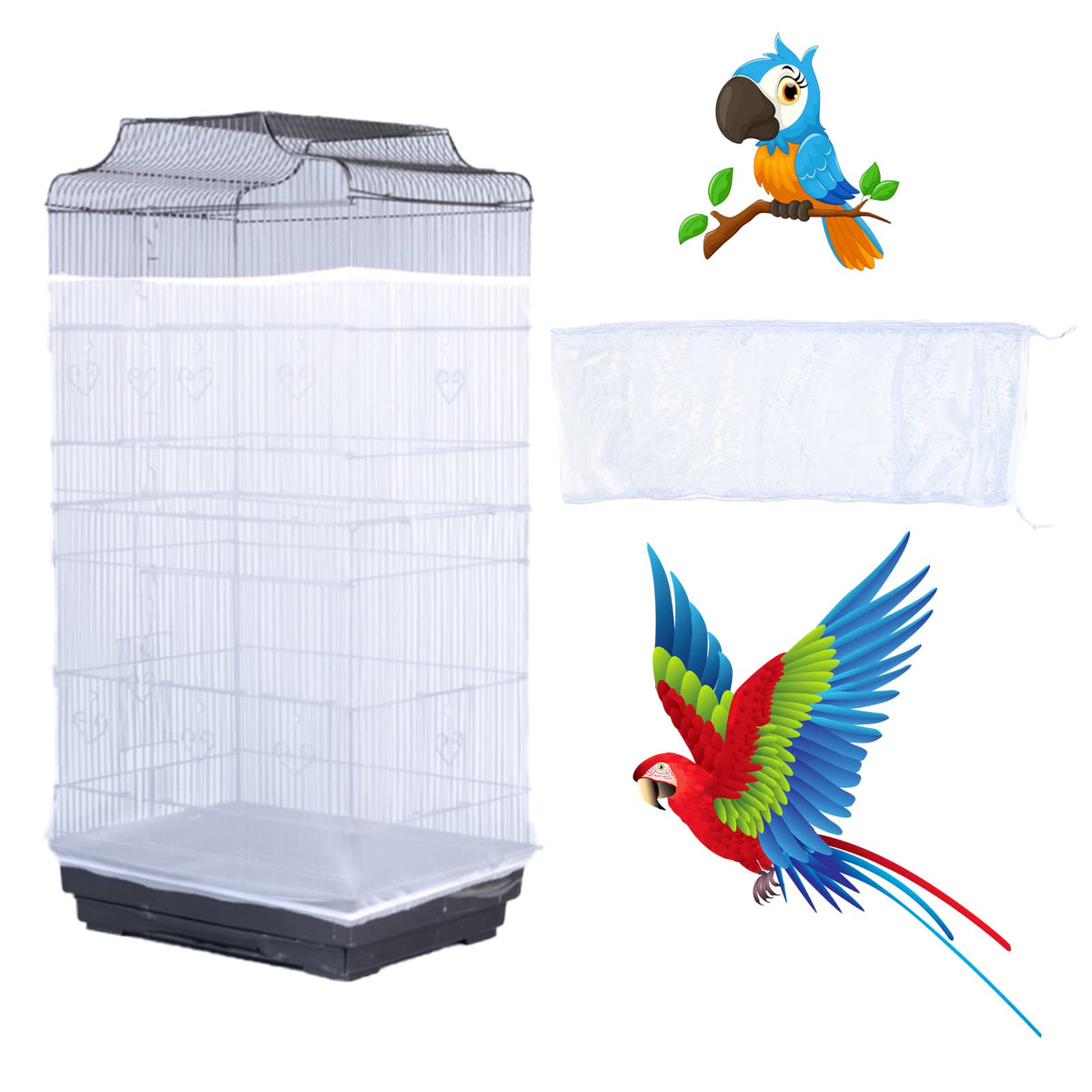 Bird Cage Seed Catcher, Large Airy Gauze Seeds Bird Cage Cover Guard Adjustable Bird Cage Cover Birdcage Seed Feather Catcher Universal Birdcage Parrot Bird Nylon Mesh Net Cover(L-118x16 in, White)