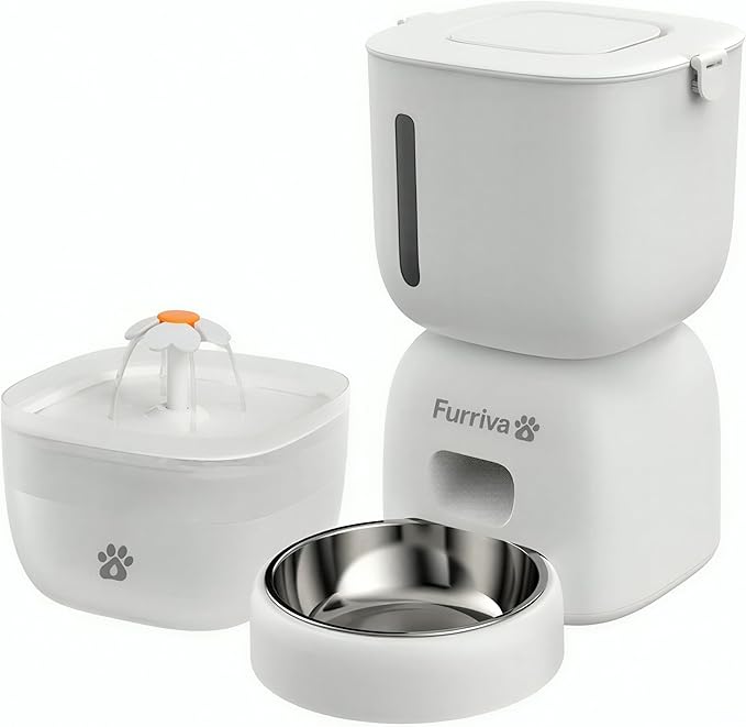 Automatic Cat Feeder and Water Fountain Set, White - 3L Food and Water Dispenser, Locking Lid, Plug-in/Battery Powered, Programmable Portions, 4 Meals/Day, 10s Voice Recorder for Cats and Small Dogs