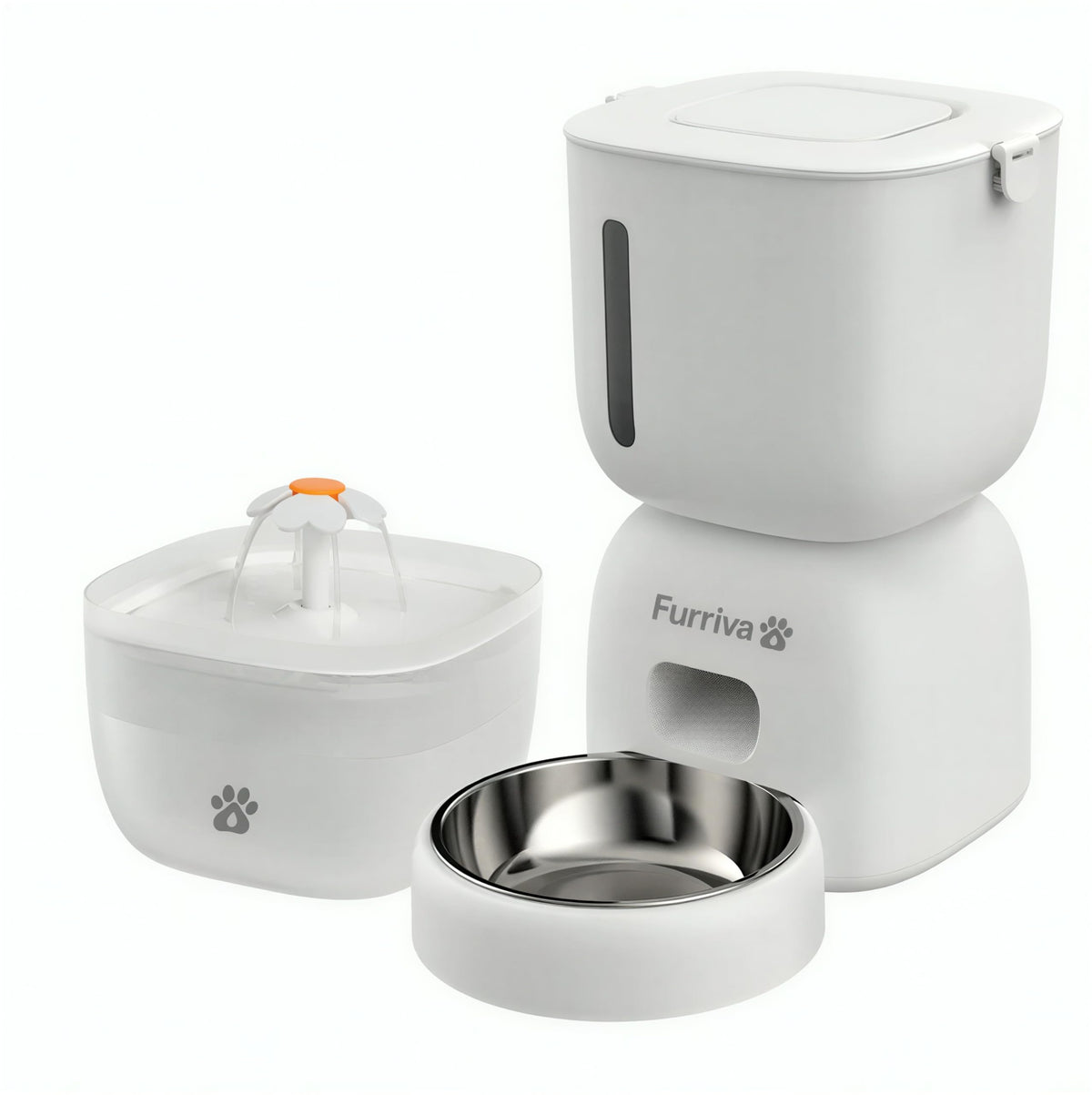 Automatic Cat Feeder and Water Fountain Set, White - 3L Feeder & 2L Fountain, Stainless Steel Bowl, Locking Lid, Plug-in/Battery Powered, 4 Meals/Day, 10s Voice Recorder for Cats and Small Dogs