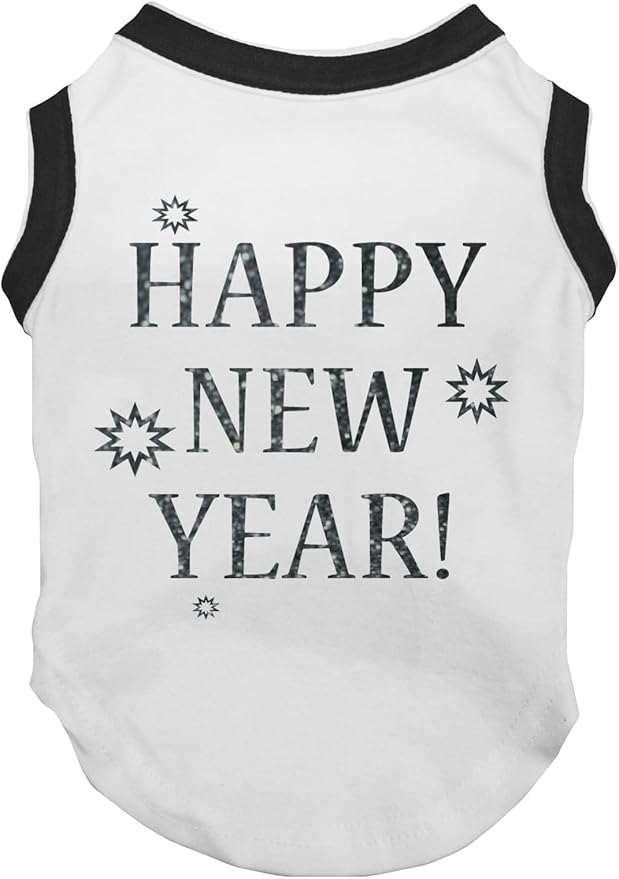 Petitebella Bling Happy New Year Puppy Dog Shirt (White/Black, Large)