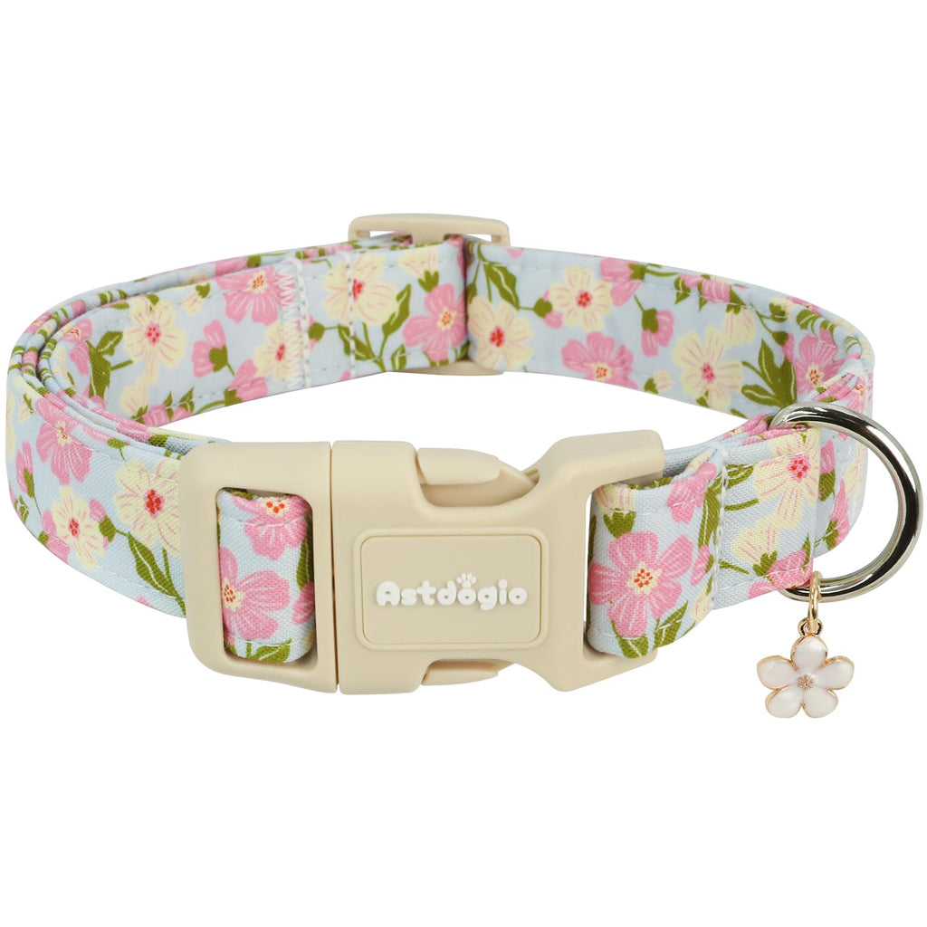 Astdogio Dog Collar for Small Medium Large Dogs, Spring Blue Dog Collars with Pink & White Flowers, Adjustable Cotton Dog Collars, Cute Girl or Boy Dog Collar Ideal for Gifts,Pet Accessory,L