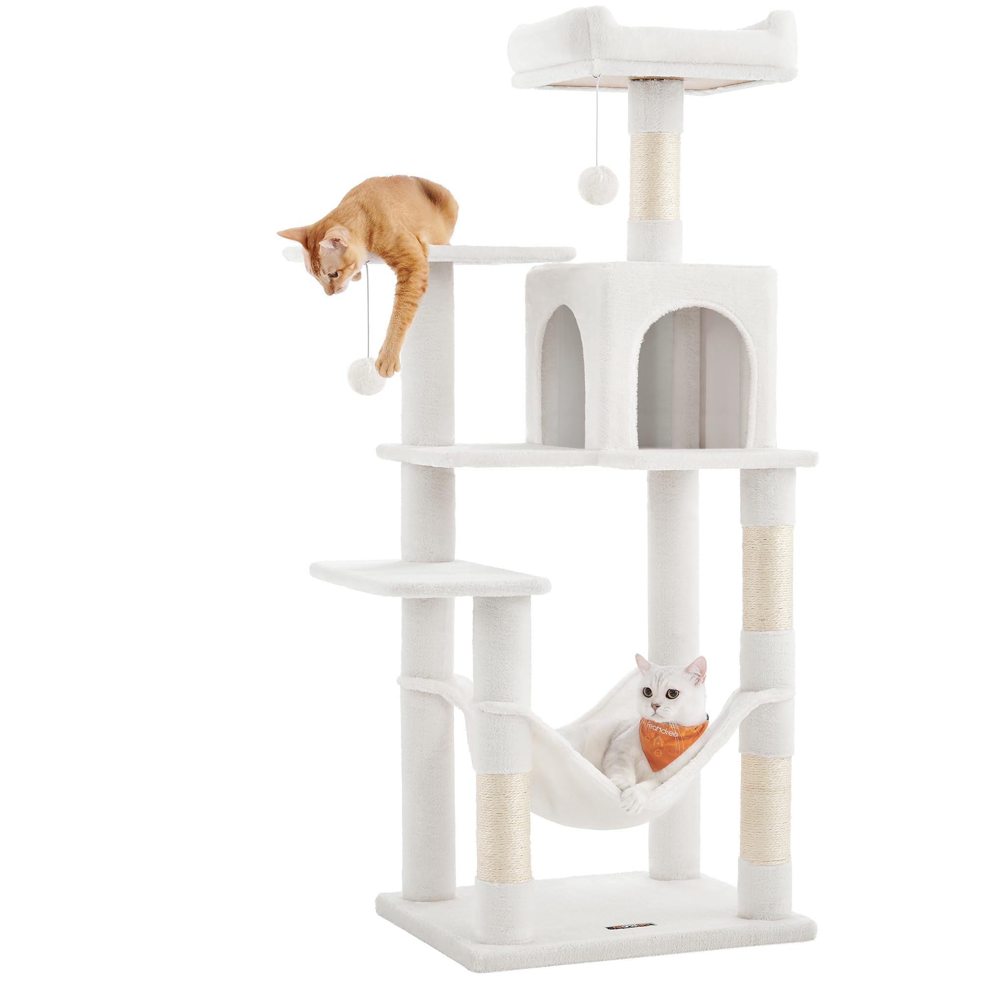 Feandrea Cat Tree, 54.2-Inch Cat Tower, Plush Multi-Level Condo with 4 Scratching Posts, 2 Perches, Hammock, Cave, Cream White UPCT161T01