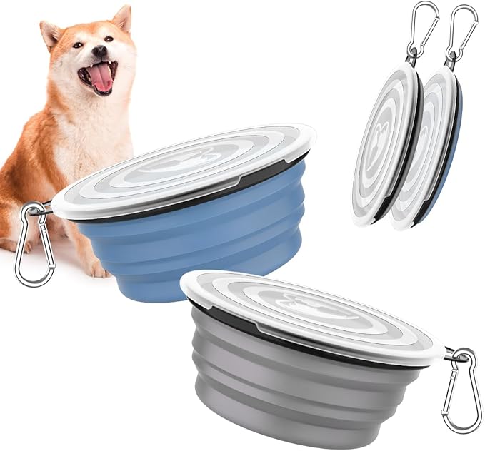 Pawaboo Collapsible Travel Dog Bowls 2 Pack with Lids&Carabiners Silicone
