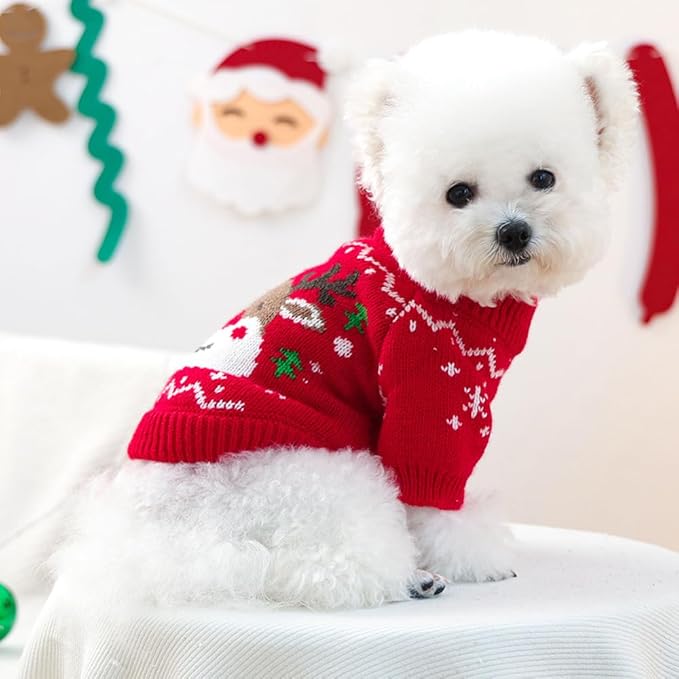 Christmas Dog Outfit Red Puppy Sweater for Small Dogs Girl Boy Elk Snowflake Cat Knitwear Reindeer Knitted Pet Clothes Santa Deer Costume for Chihuahua Yorkie Poodle (Red-2, Medium)