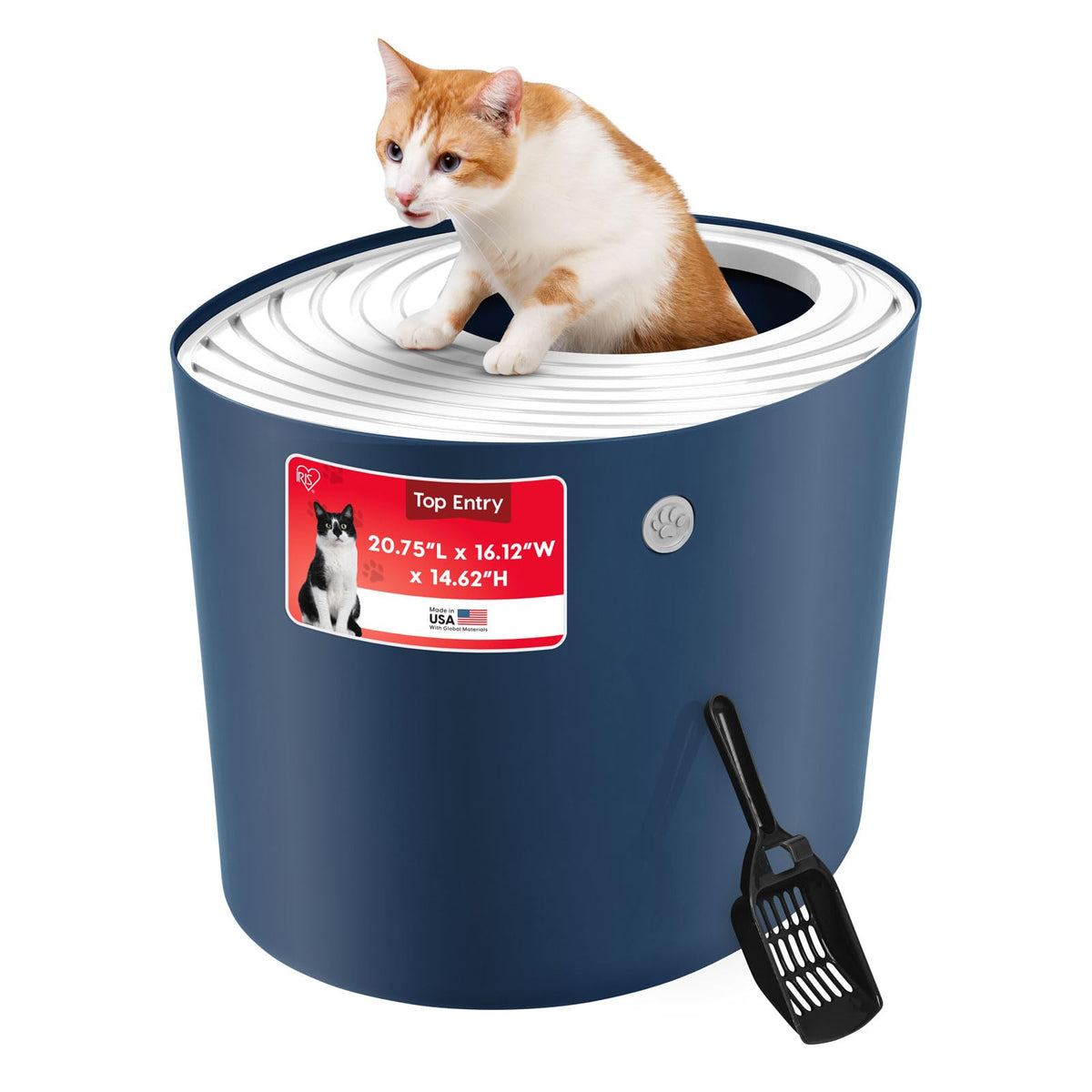 IRIS USA Top Entry Cat Litter Box, Hooded Privacy, Large, Navy/White