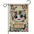 Tomhong Be Happy Cat Garden Flag 12x18 Inch Double Sided Outdoor Yard Banner Cute Kitten with Butterflies and Flowers for Spring Summer Patio Porch Lawn Home Decoration
