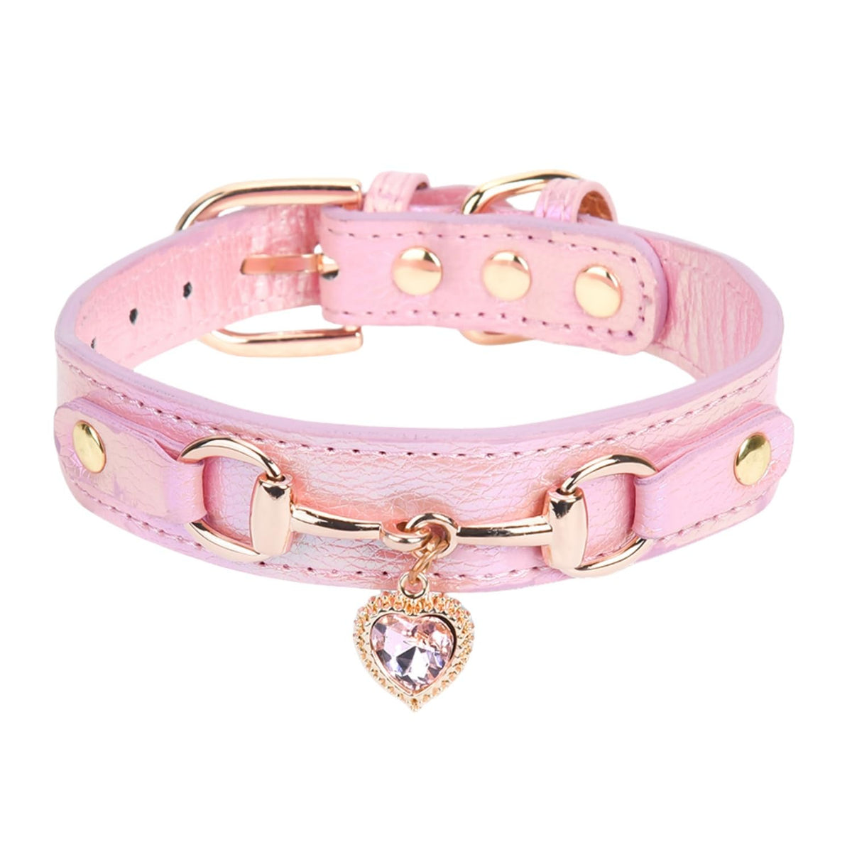 THAIN Fashion Dog Collar with Bling Diamonds & Heart Charm – 5 Holes Adjustable PU Leather Rhinestones Necklace Collar, Gold Buckle for Medium Dogs Girl (Pink, M)