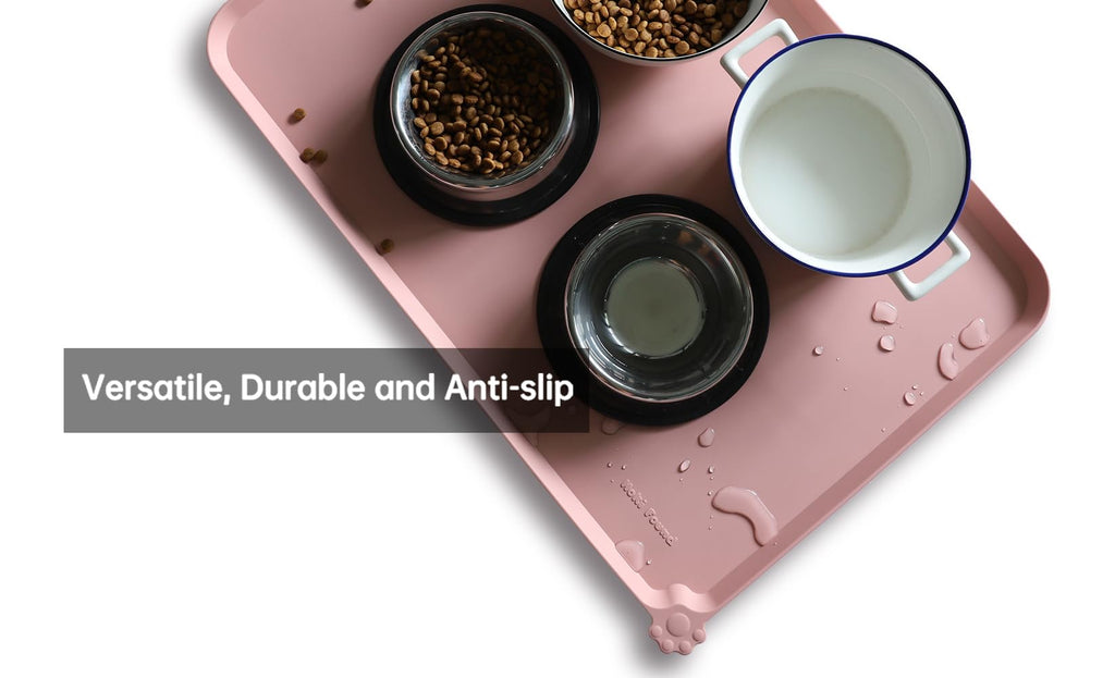 Hoki Found Large Non Slip Pet Feeding Mats - Silicone tray - Waterproof Bowls - Neutral Pink